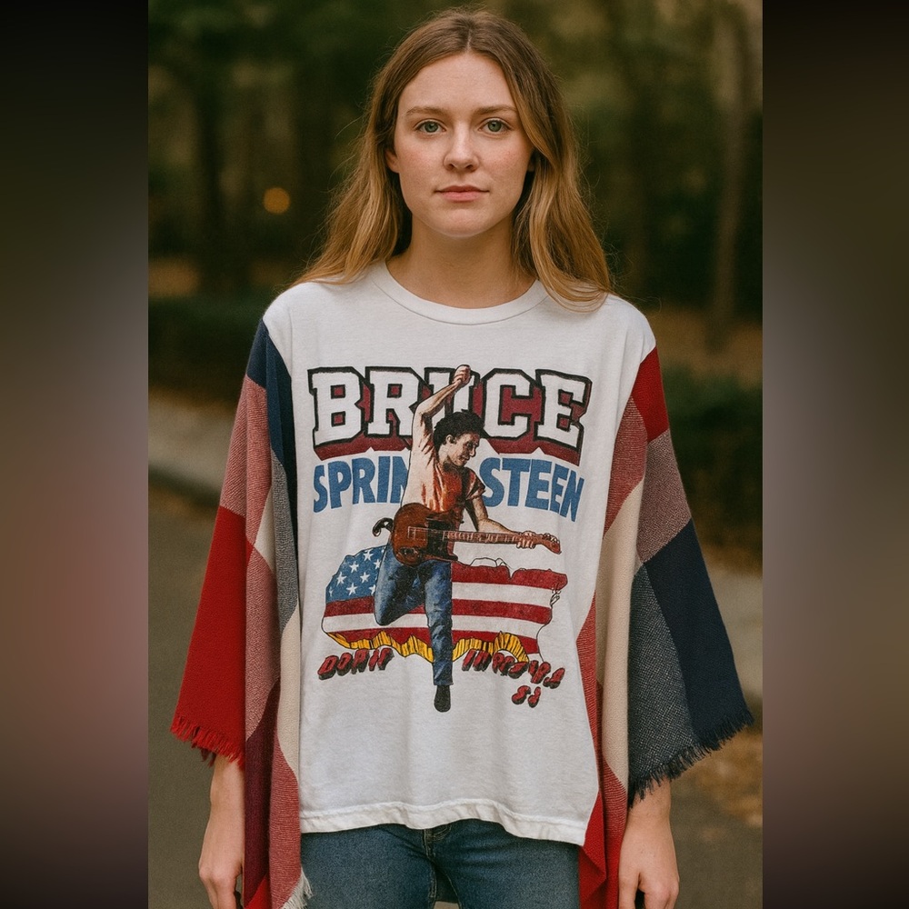 Upcycled Bruce Springsteen Born in The USA Blanket Scarf Sleeves Poncho Kimono